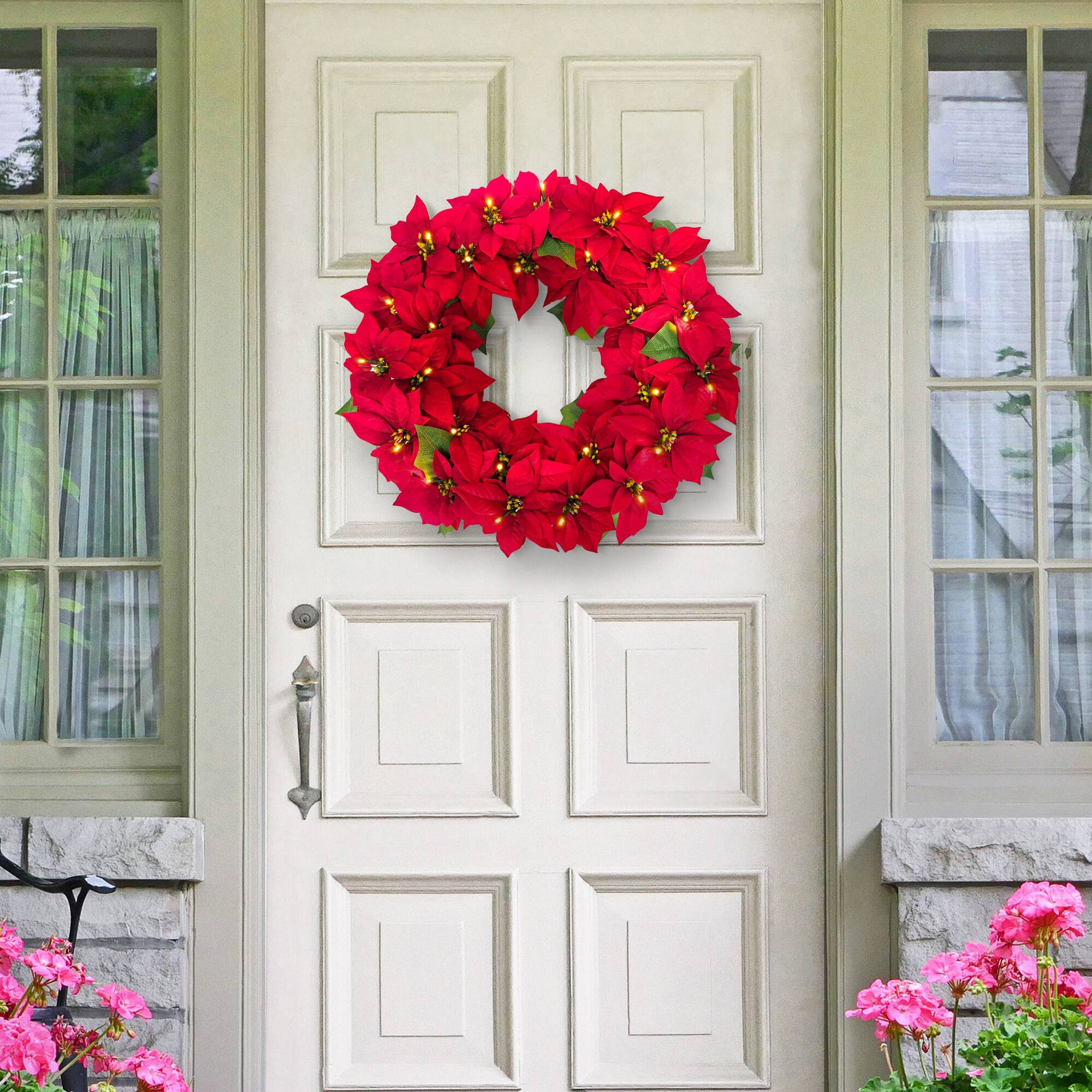 24" Pre-Lit Red Poinsettia Artificial Wreath